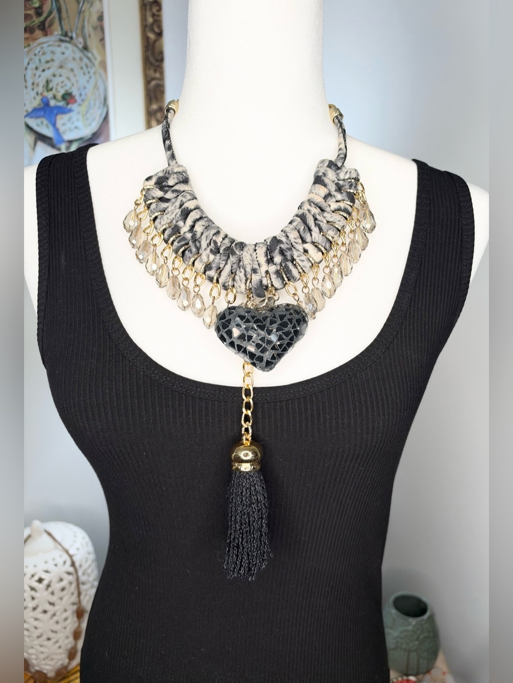 Statement Bib Necklace Black Heart Tassel Crystal Drops Gold Tone 16-22”